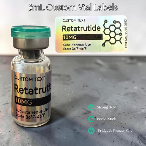 A 3mL glass vial with a green cap and a holographic label reading Retatrutide 10MG, Subcutaneous Use, Store 36°F-46°F. A matching rectangular holographic label is displayed above, featuring the same text and a chemical structure icon.