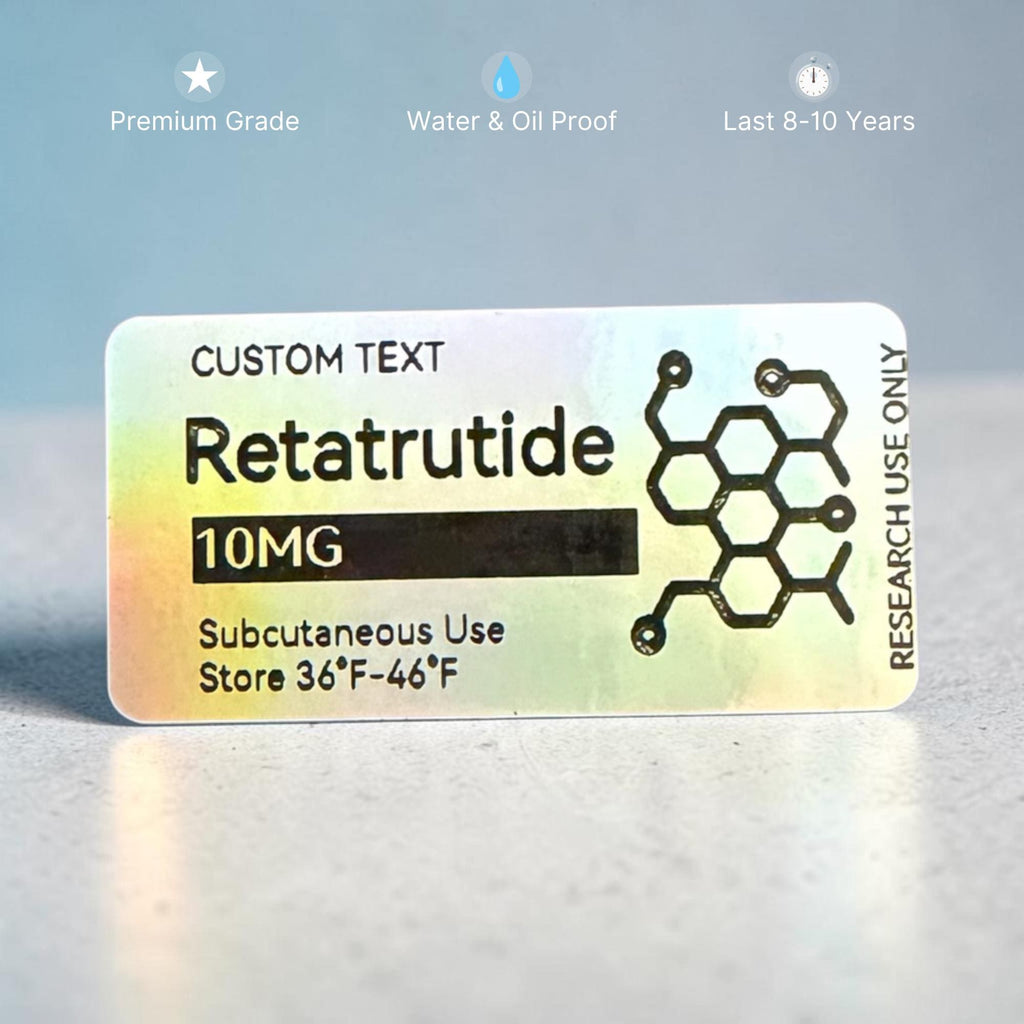 A rectangular holographic label featuring the text CUSTOM TEXT, Retatrutide, 10MG, Subcutaneous Use, Store 36°F-46°F, and RESEARCH USE ONLY. The design includes a black chemical structure graphic and icons for Premium Grade, Water & Oil Proof.