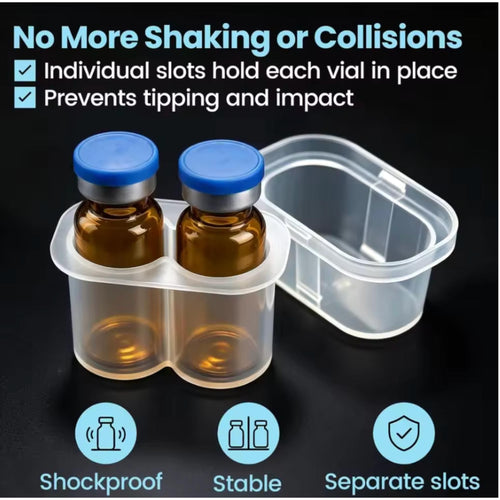 A clear plastic storage tray with two amber glass vials featuring blue caps. The text reads: No More Shaking or Collisions, Individual slots hold each vial in place, Prevents tipping and impact, Shockproof, Stable, Separate slots.