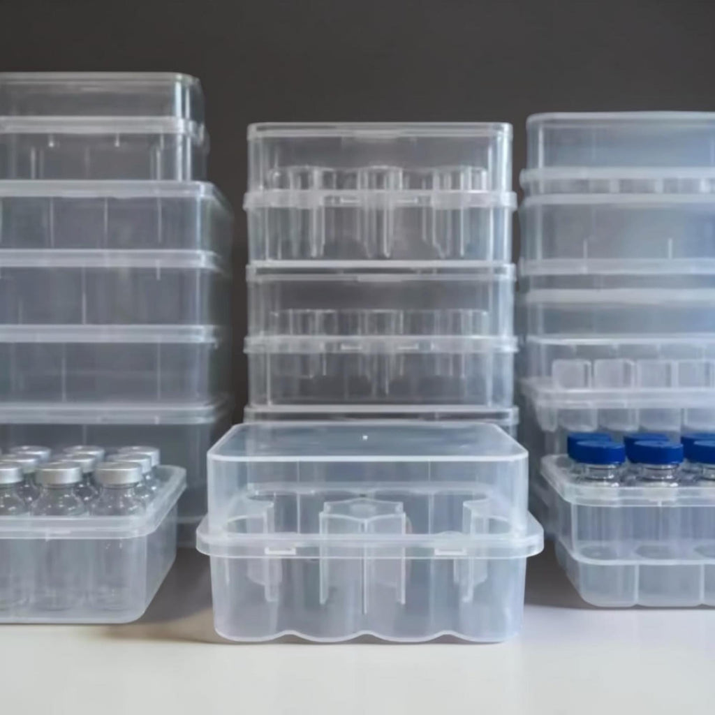 A collection of clear plastic storage boxes stacked in three columns. The containers feature internal dividers designed to hold small glass vials with silver or blue caps. The boxes are transparent, rectangular, and modular in design.