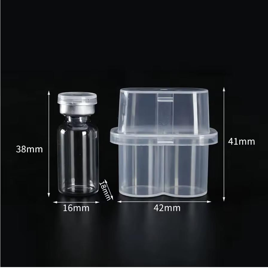 A clear glass vial with a silver metal cap measuring 38mm in height and 16mm in width, alongside a translucent plastic double-chamber container measuring 41mm in height and 42mm in width, both displayed against a solid black background.