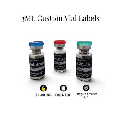Three 3ML glass vials with custom labels featuring blue, red, and teal caps. The labels display text including Retatrutide, MOTS-C, and BPC-157 with dosage and storage instructions. Icons indicate strong hold, peel and stick, and freezer safety.