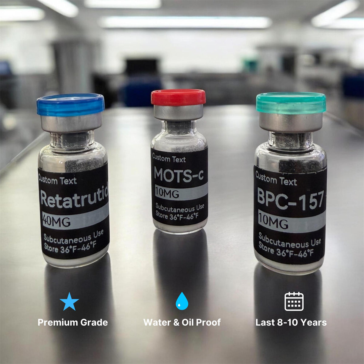Three glass vials with colored caps and black labels. The left vial has a blue cap and reads Retatrutide 40MG. The center vial has a red cap and reads MOTS-C 10MG. The right vial has a green cap and reads BPC-157 10MG. All state Subcutaneous Use.