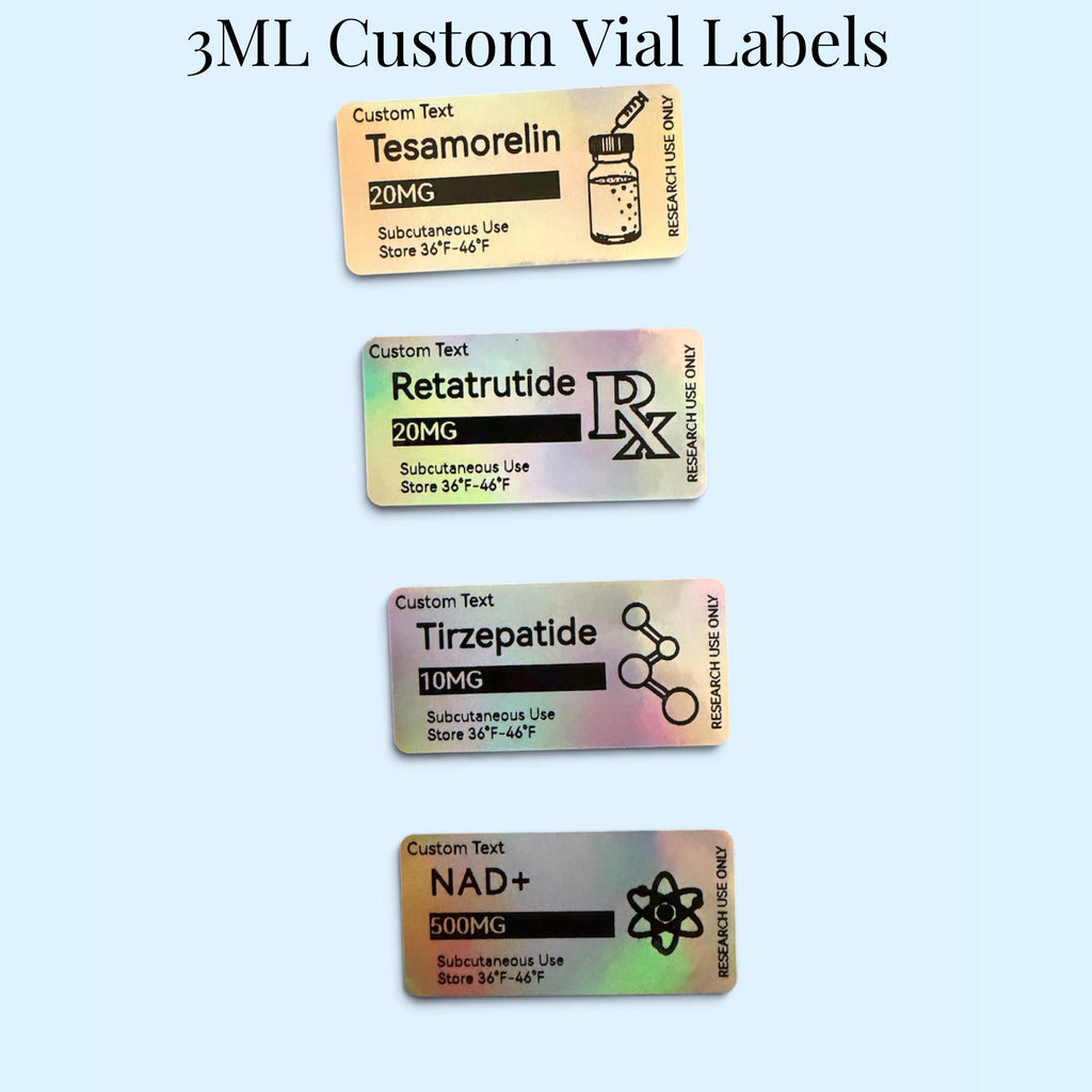 Four rectangular 3ML custom vial labels with a holographic finish. Each label features black text including Custom Text, dosage, Subcutaneous Use, Store 36°F-46°F, and Research Use Only, alongside unique icons for Tesamorelin, Retatrutide, Tirzepatide, and NAD+.